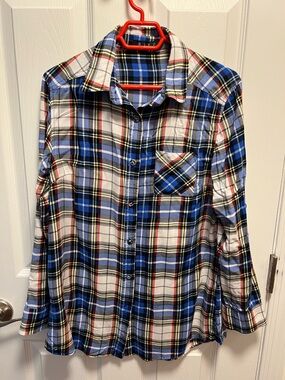 BLVD Blue, Black, White Plaid Shirt with Yellow Accents